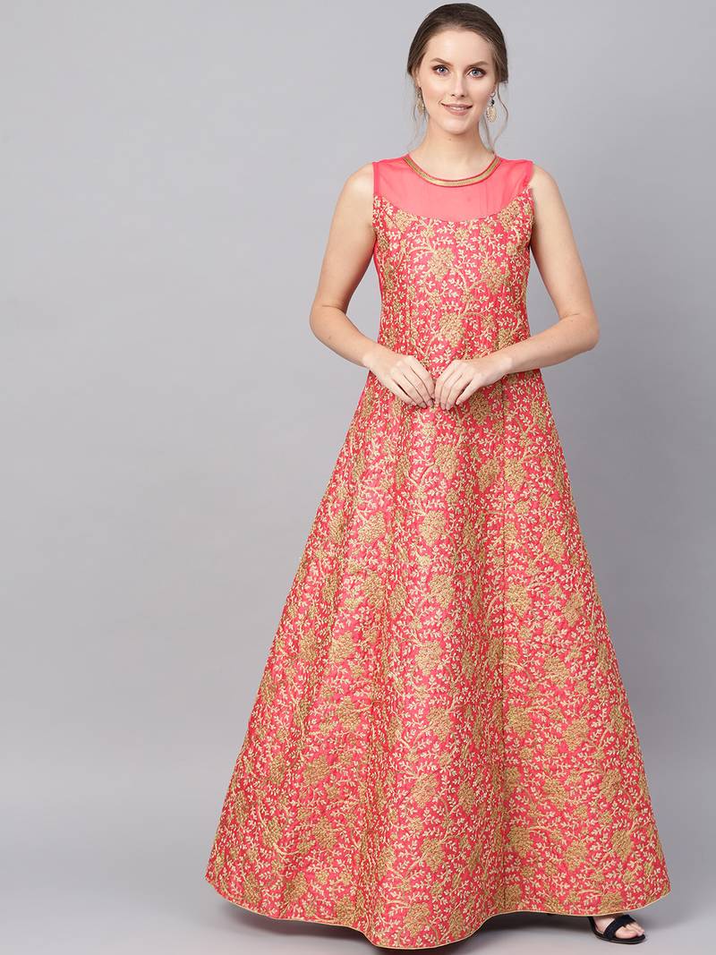 Pink Silk Blend Embroidered Maxi Dress