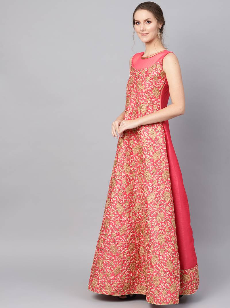 Pink Silk Blend Embroidered Maxi Dress
