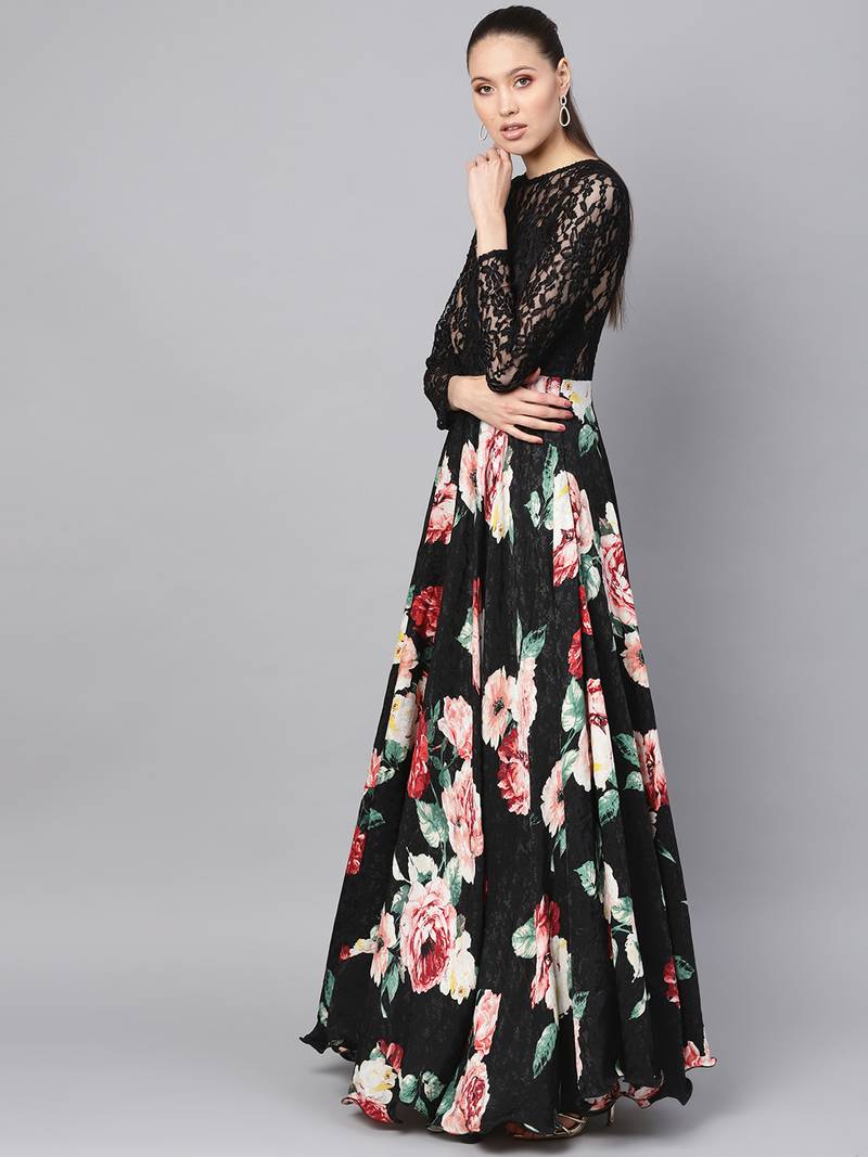Black Crepe Jacquard Digital Printed Maxi Dress