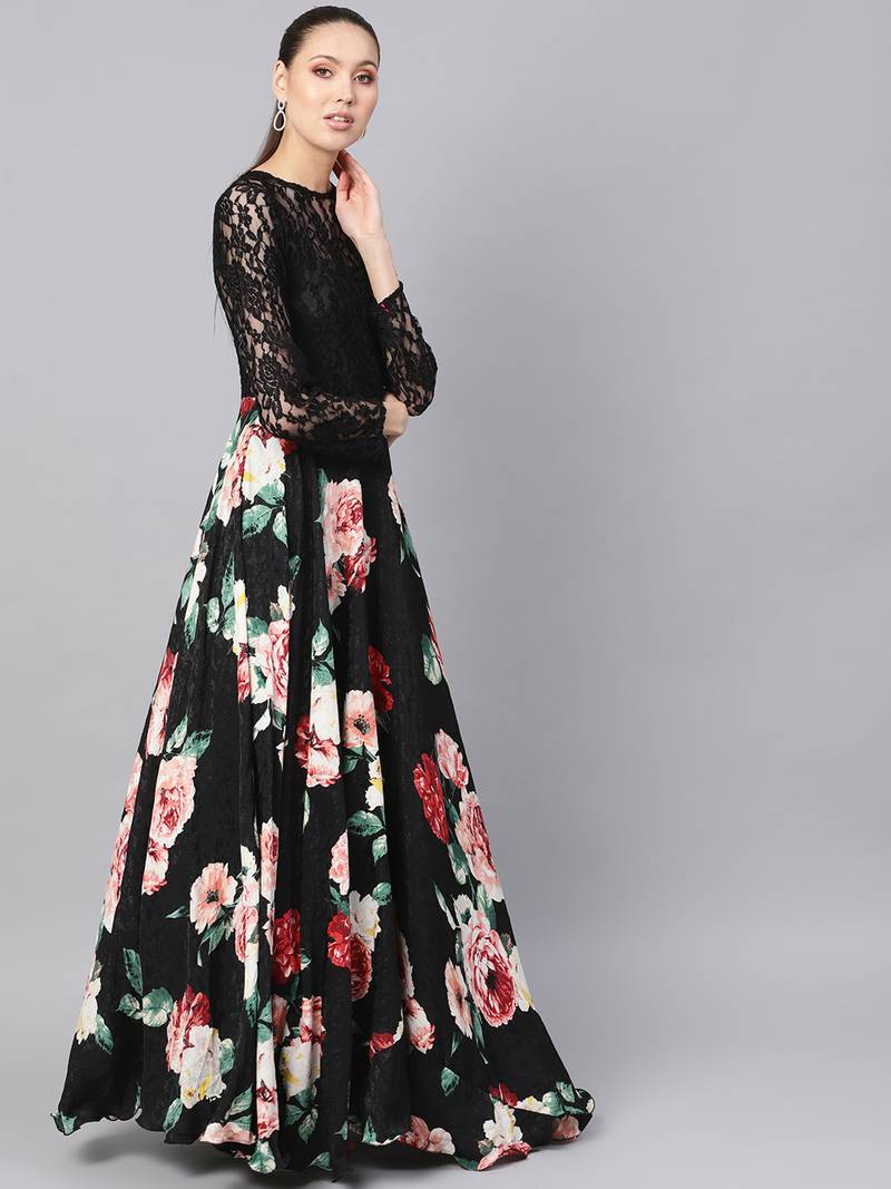 Black Crepe Jacquard Digital Printed Maxi Dress