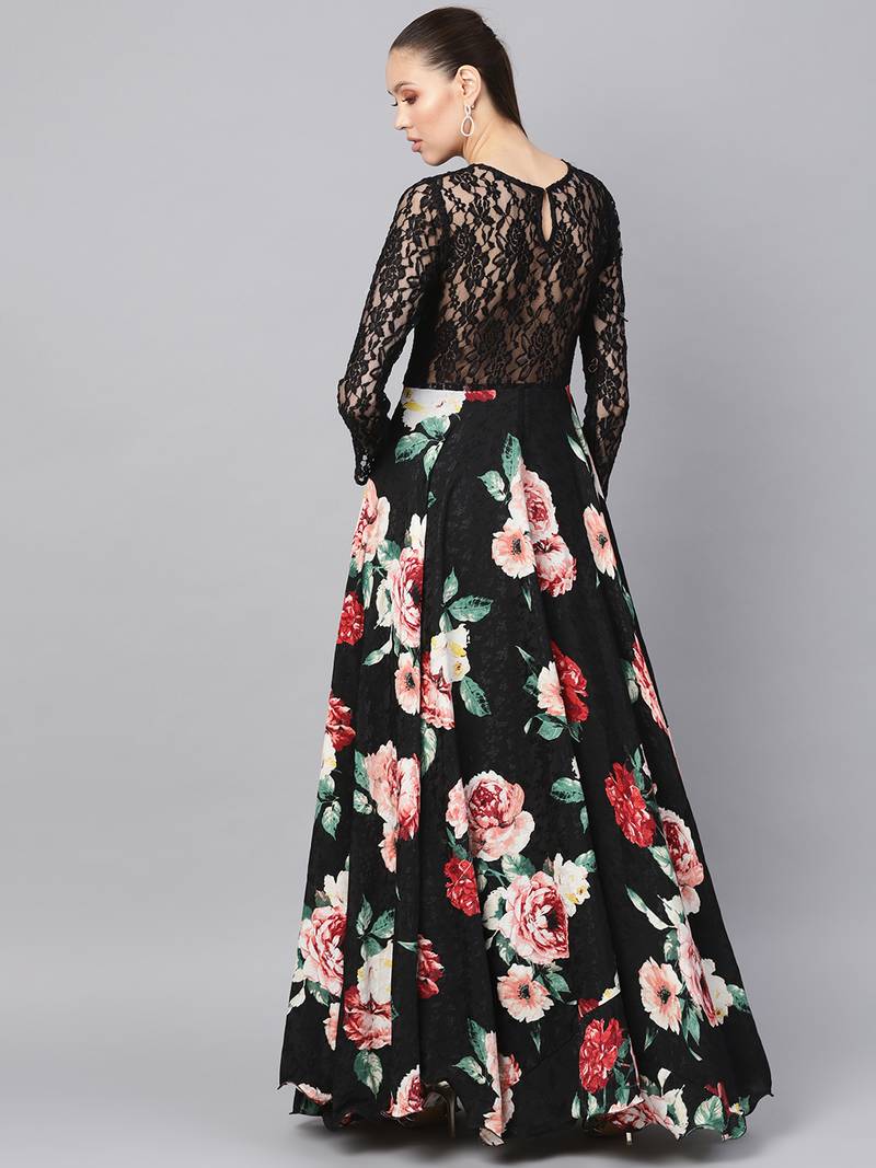 Black Crepe Jacquard Digital Printed Maxi Dress