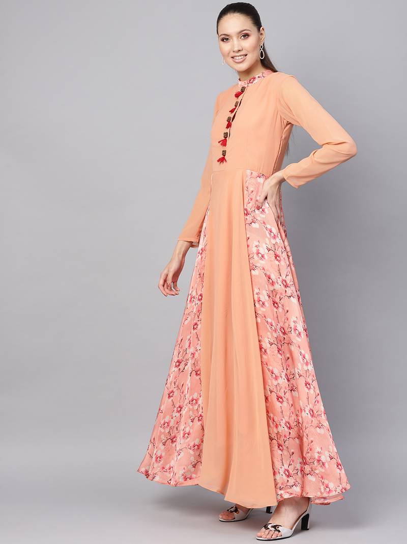 Peach Georgette Digital Printed Maxi Dress