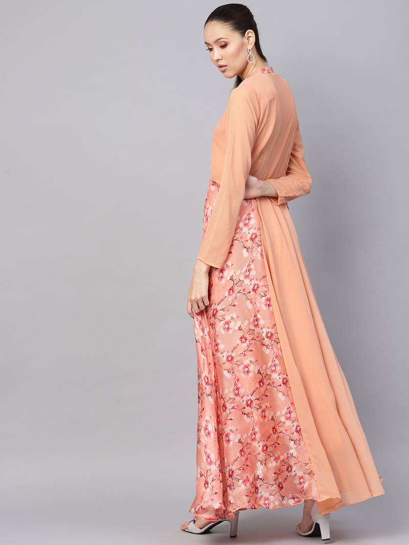 Peach Georgette Digital Printed Maxi Dress