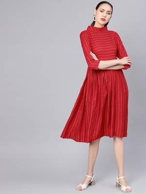 Red Cotton Striped Flared Midi Dress 1