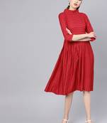Red Cotton Striped Flared Midi Dress