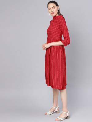 Red Cotton Striped Flared Midi Dress 2