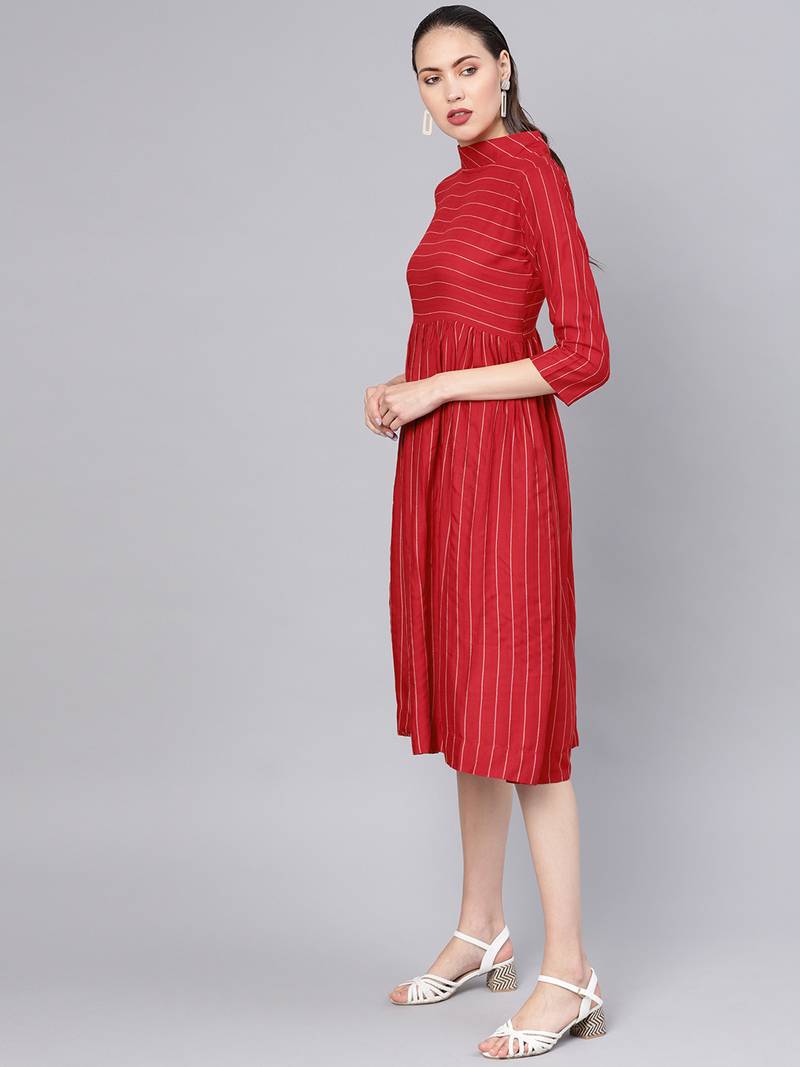 Red Cotton Striped Flared Midi Dress