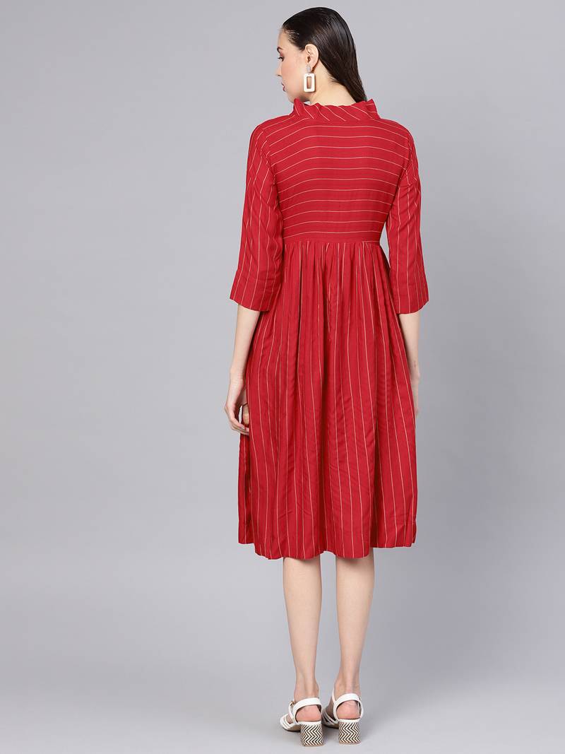 Red Cotton Striped Flared Midi Dress