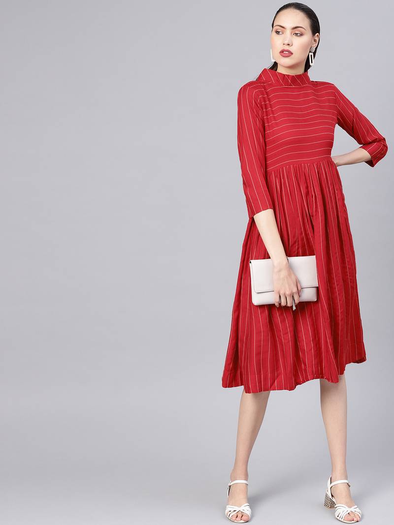 Red Cotton Striped Flared Midi Dress