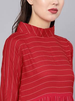 Red Cotton Striped Flared Midi Dress 5