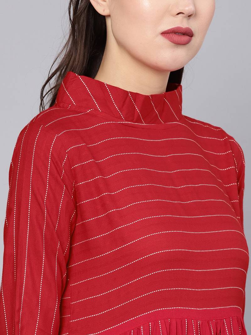 Red Cotton Striped Flared Midi Dress