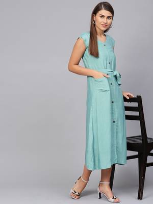 Green Cotton Stripes Midi Dress With Belt 1