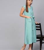 Green Cotton Stripes Midi Dress With Belt