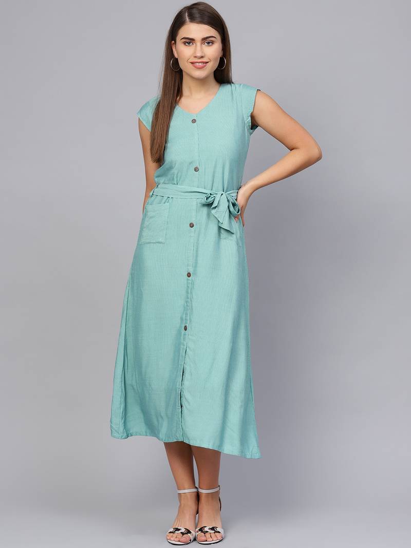 Green Cotton Stripes Midi Dress With Belt