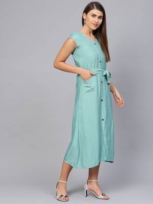 Green Cotton Stripes Midi Dress With Belt 3