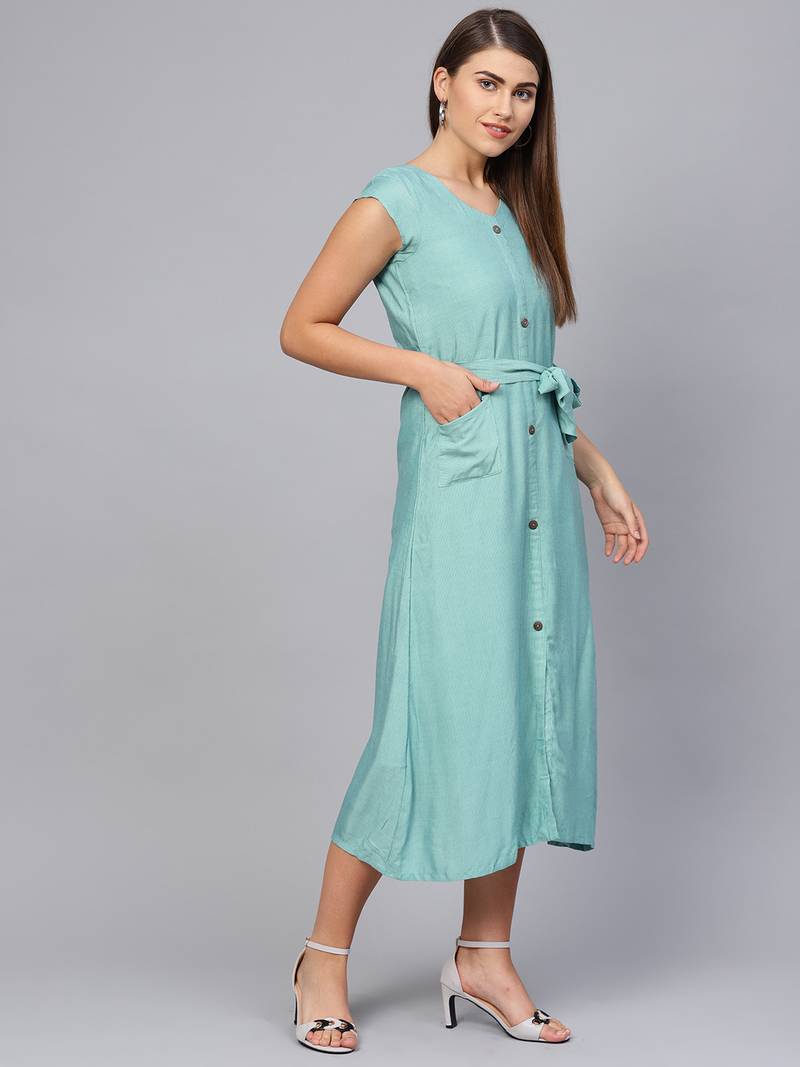 Green Cotton Stripes Midi Dress With Belt