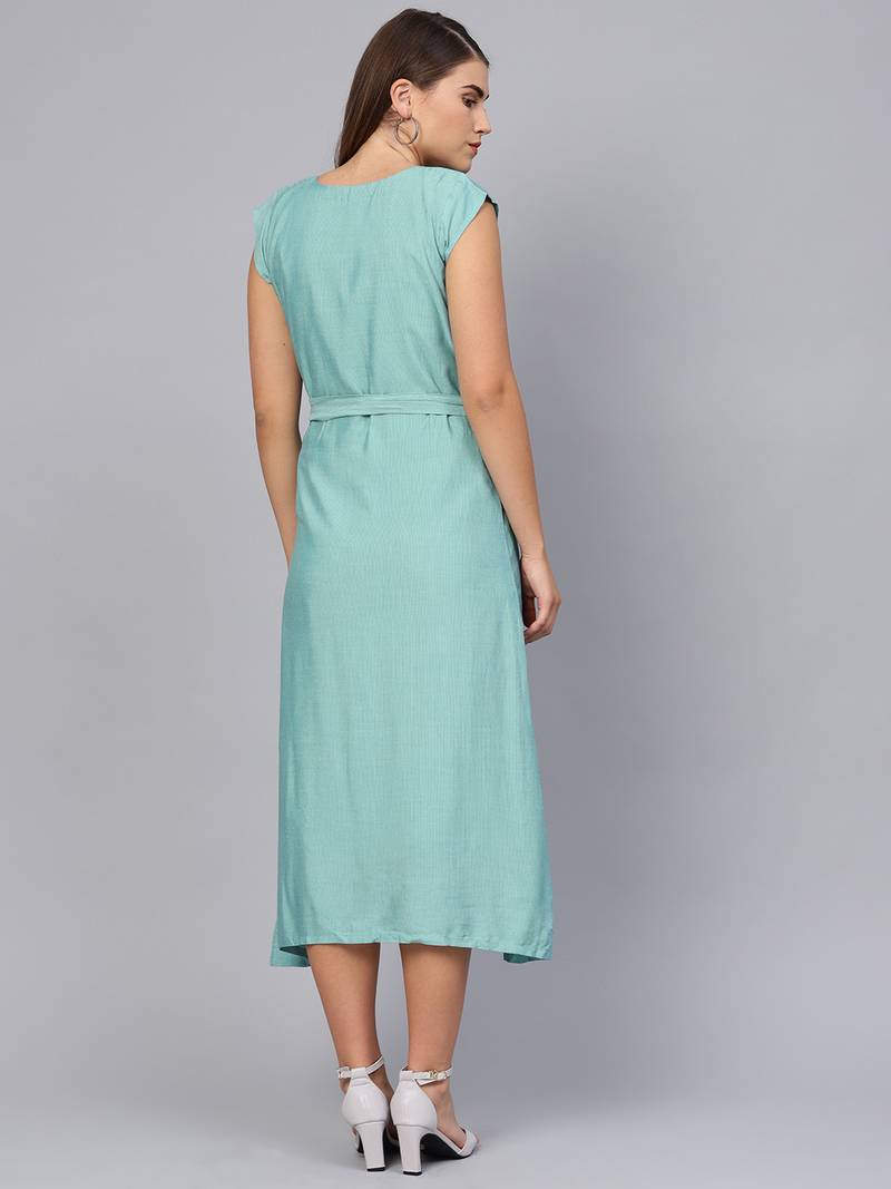 Green Cotton Stripes Midi Dress With Belt