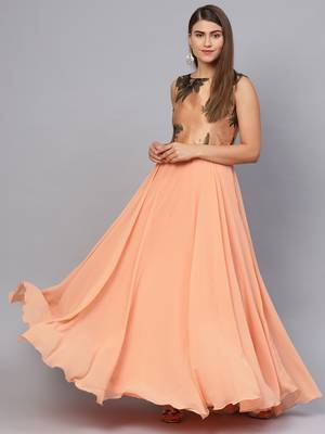 Peach Georgette Woven Maxi Dress 1