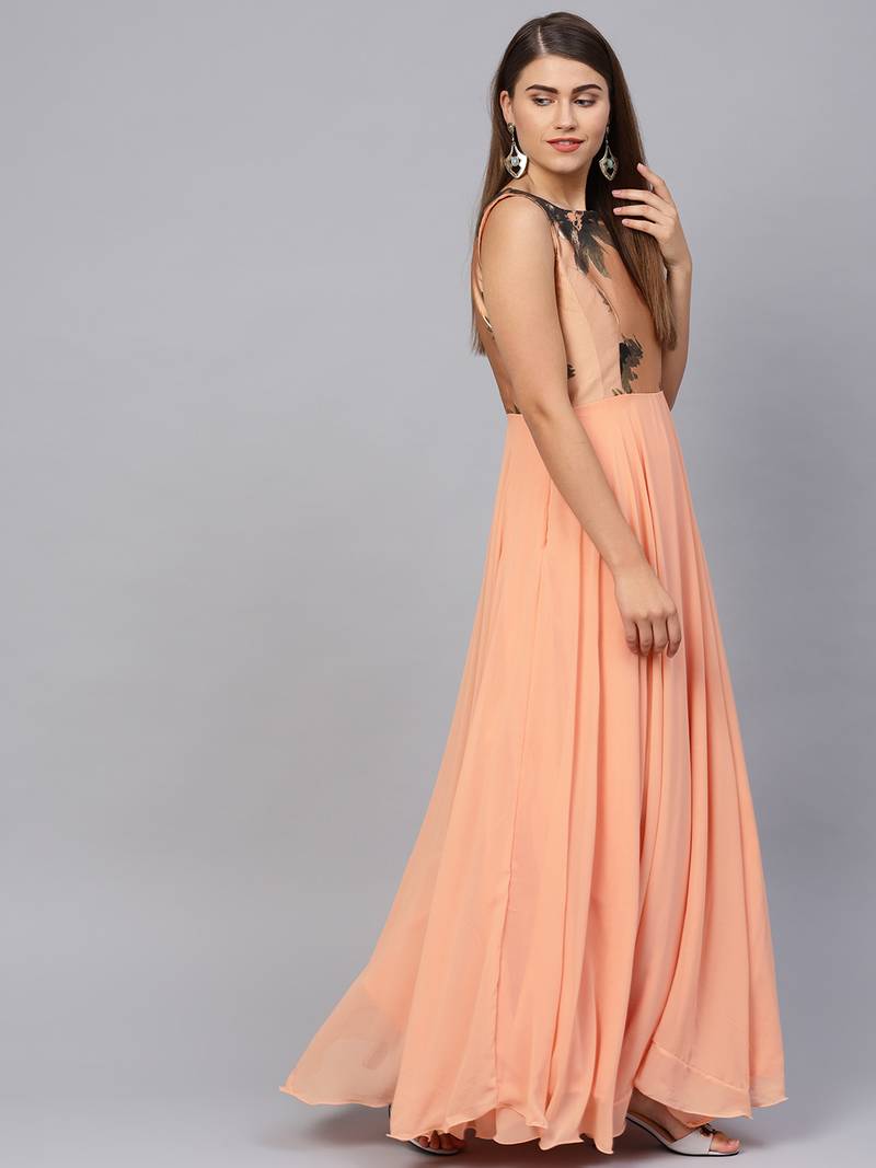 Peach Georgette Woven Maxi Dress