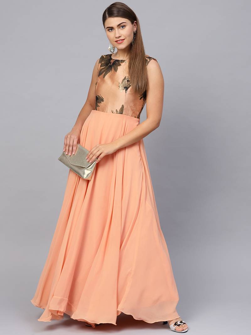 Peach Georgette Woven Maxi Dress