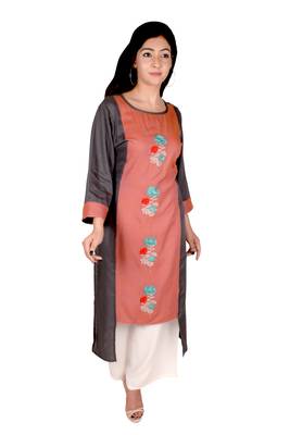 Women's Designer Grey & Orange Floral Embroidered Straight Kurti 1