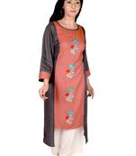 Women's Designer Grey & Orange Floral Embroidered Straight Kurti