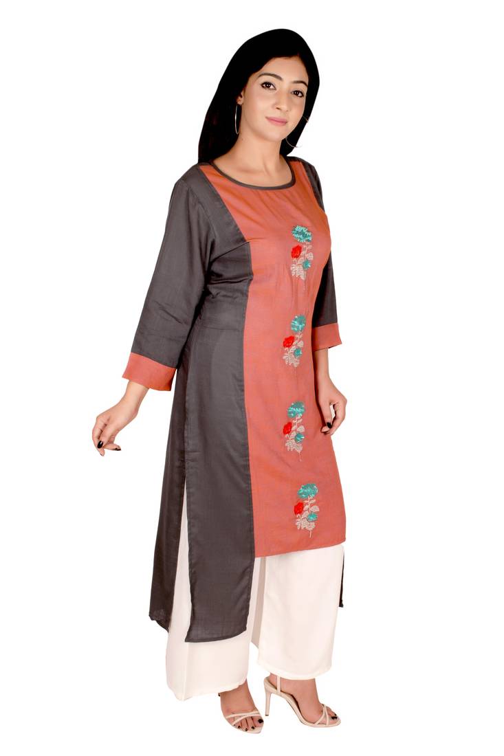 Women's Designer Grey & Orange Floral Embroidered Straight Kurti