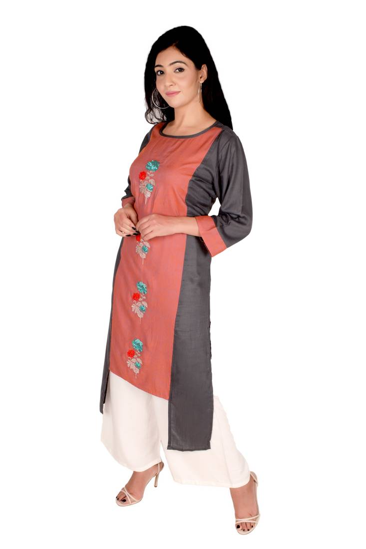 Women's Designer Grey & Orange Floral Embroidered Straight Kurti
