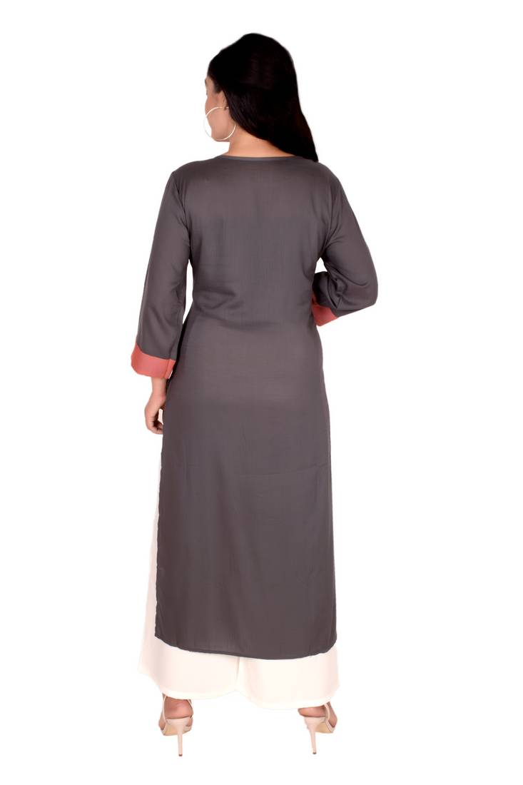 Women's Designer Grey & Orange Floral Embroidered Straight Kurti