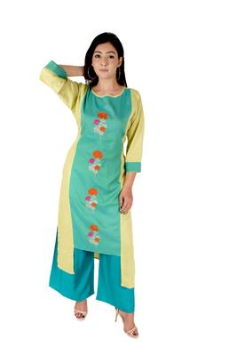 Women's Designer Luminious Green Floral Embroidered Straight Kurti 1