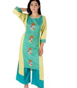 Women's Designer Luminious Green Floral Embroidered Straight Kurti