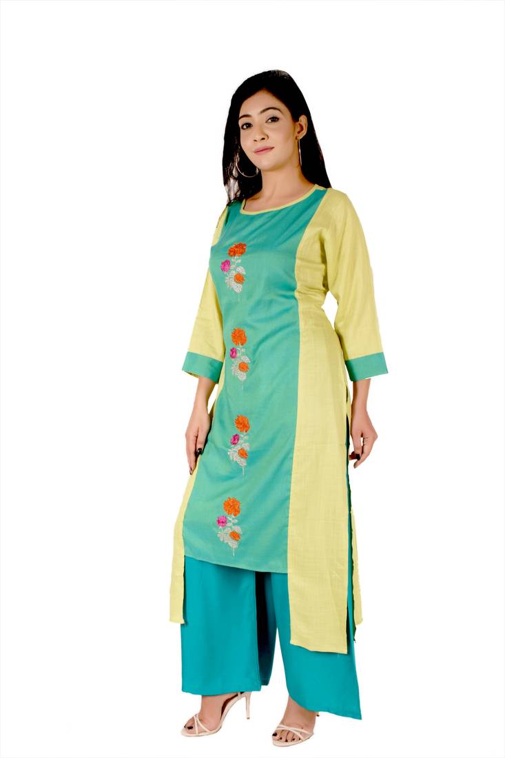 Women's Designer Luminious Green Floral Embroidered Straight Kurti