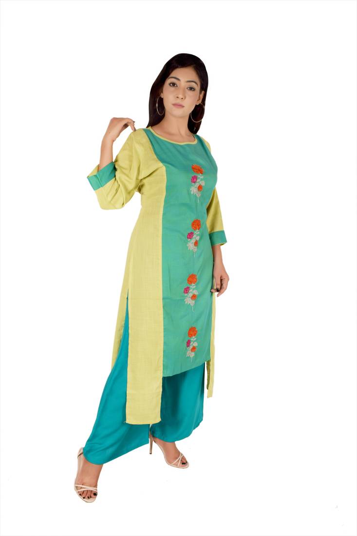 Women's Designer Luminious Green Floral Embroidered Straight Kurti