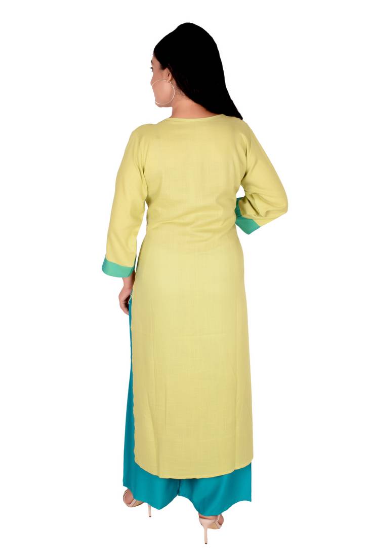 Women's Designer Luminious Green Floral Embroidered Straight Kurti