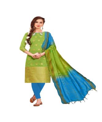 green woven banarasi unstitched salwar with dupatta 1