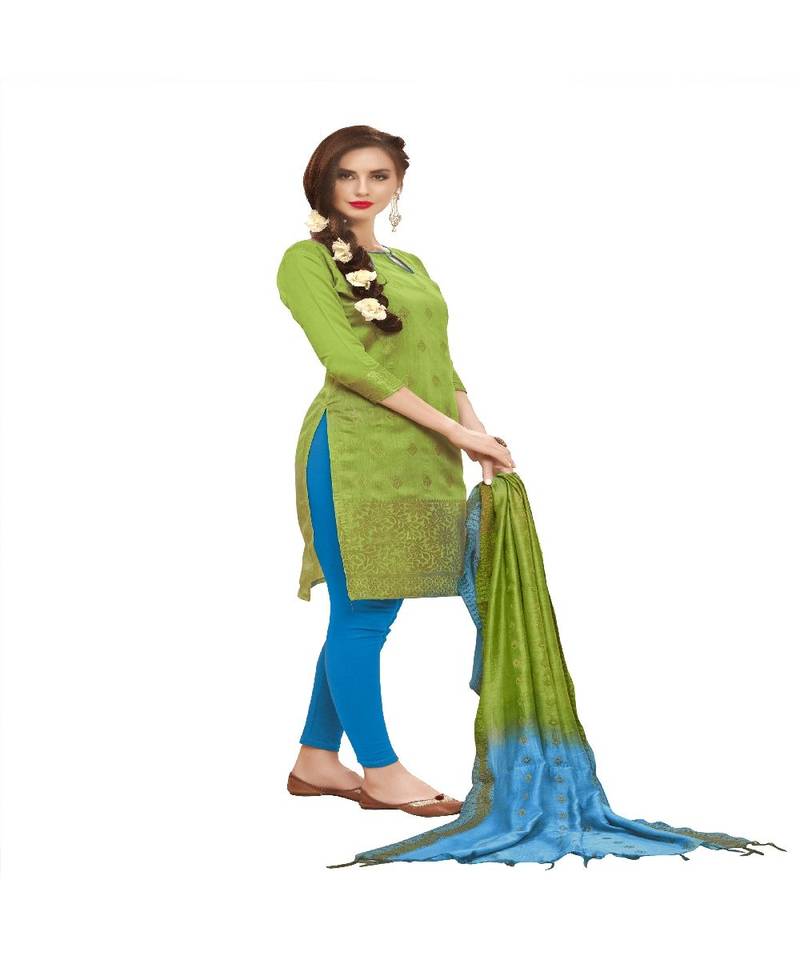 green woven banarasi unstitched salwar with dupatta