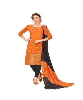 orange woven banarasi unstitched salwar with dupatta 1