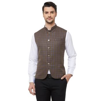 Brown printed cotton nehru-jacket 1