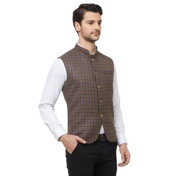 Brown printed cotton nehru-jacket 3