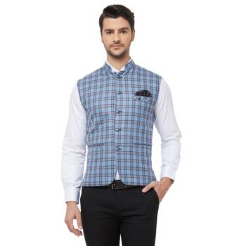 Blue printed cotton nehru-jacket 1