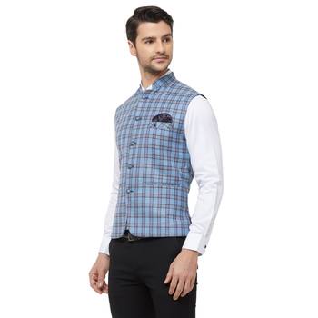 Blue printed cotton nehru-jacket 2