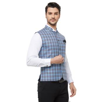Blue printed cotton nehru-jacket 3