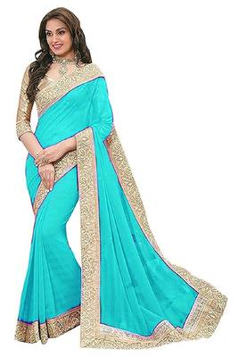 Turquoise Bridal Chiffon Saree With  Lace  and Blouse Piece. 1