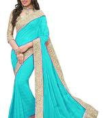 Turquoise Bridal Chiffon Saree With  Lace  and Blouse Piece.