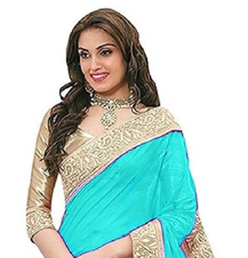 Turquoise Bridal Chiffon Saree With  Lace  and Blouse Piece. 2