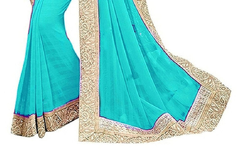 Turquoise Bridal Chiffon Saree With  Lace  and Blouse Piece. 3