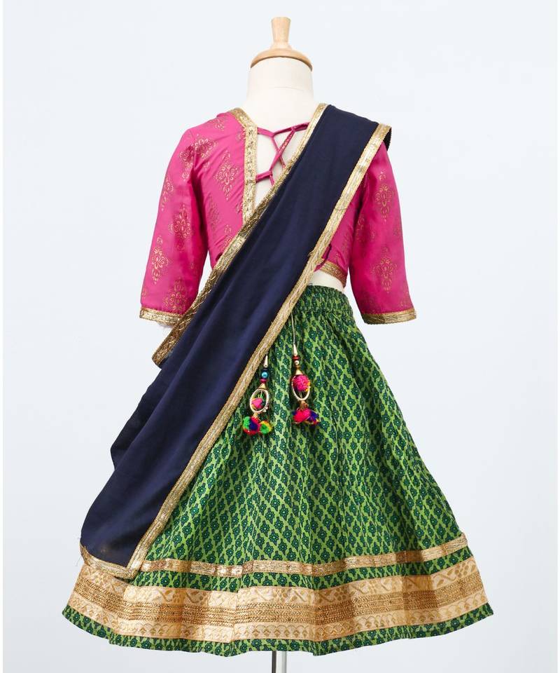 Printed Green Lehenga With Contrast Pink Tie Back Choli And Black Dupatta