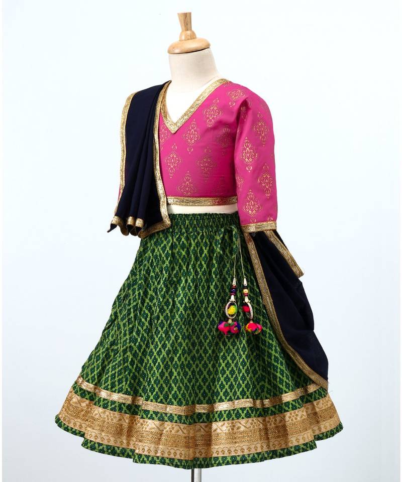 Printed Green Lehenga With Contrast Pink Tie Back Choli And Black Dupatta