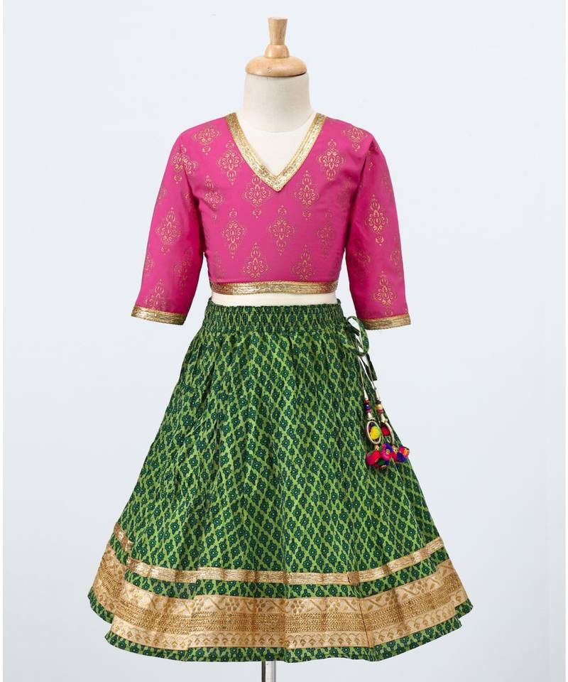 Printed Green Lehenga With Contrast Pink Tie Back Choli And Black Dupatta