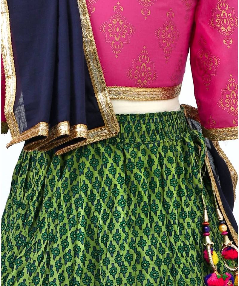 Printed Green Lehenga With Contrast Pink Tie Back Choli And Black Dupatta